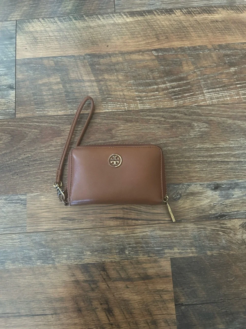 Tory Burch Cognac Leather Wristlet with Gold Logo